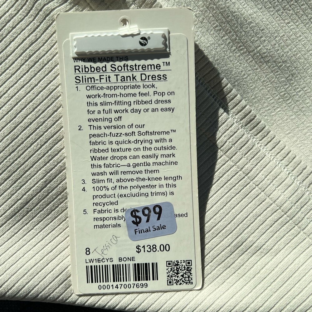 Lululemon Ribbed Softstreme slim fit Tank Dress Bone
